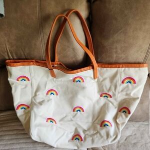 Rainbow Embroidered Tote Bag - Cream and Orange☆ Kurt Geiger●nwt 147$ Valu